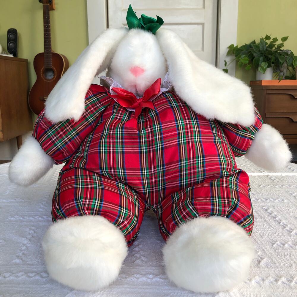 VTG L'Art de Chine Plaid Christmas Bunny Plush Holiday Decor Lg 20" Cottagecore